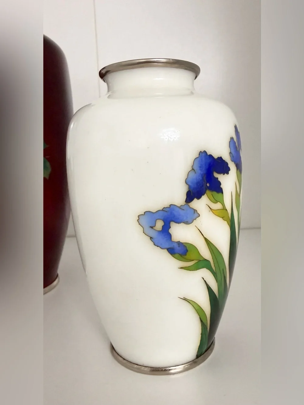 Vintage Japanese Enamel Sterling Silver Cloisonné Flower Vase Lot Red White